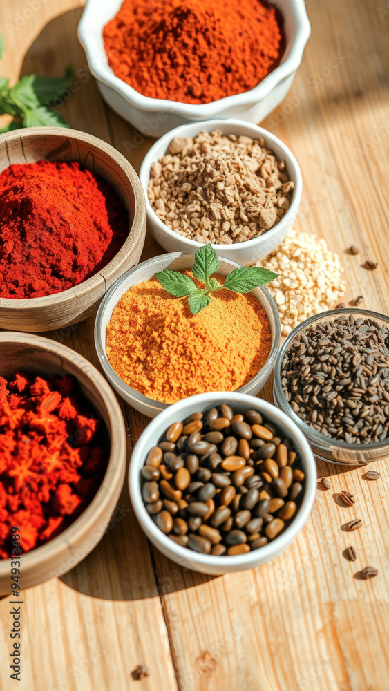 Assortment of Spices and Seeds in Bowls on a Wooden Table Assortment of Spices and Seeds in Bowls on a Wooden Table