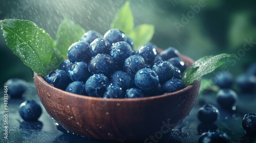 Wallpaper Mural Fresh blueberries with water drops in a wooden bowl surrounded by green leaves, capturing natural freshness and vibrant colors. Torontodigital.ca