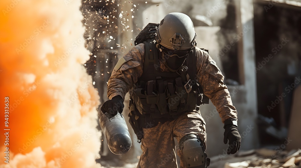 Meticulous EOD Officer Carefully Removing Disarmed Explosive from Building Meticulous EOD Officer Carefully Removing Disarmed Explosive from Building