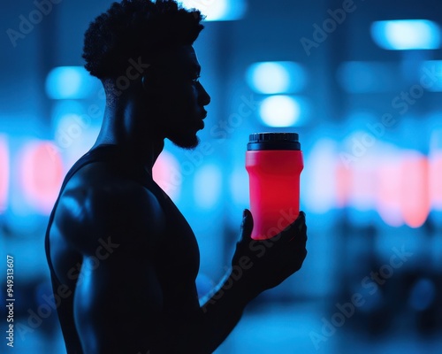 A man is holding a red sports drink in a gym. The drink is in a clear plastic cup with a lid. The man is wearing a black tank top and shorts. The gym is dimly lit, giving the scene a moody atmosphere