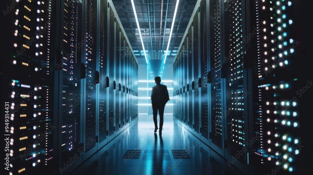 A person standing in front of rows of servers and computer equipment, possibly working or monitoring A person standing in front of rows of servers and computer equipment, possibly working or monitoring
