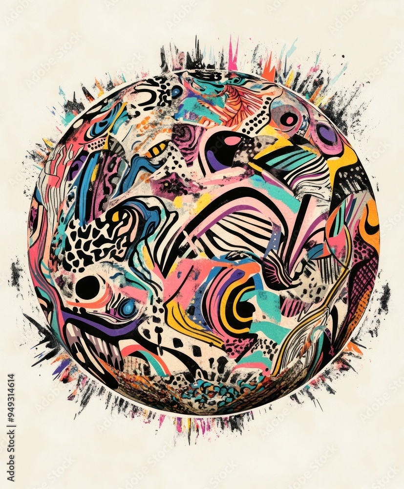 Fototapeta premium A colorful, abstract illustration of a globe featuring vibrant patterns and designs.