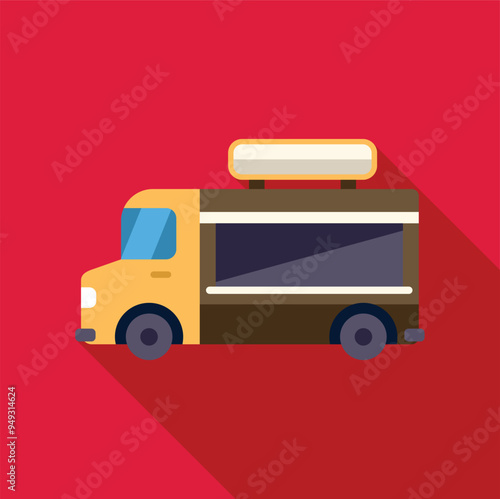Yellow food truck offering street food is waiting customers on red background