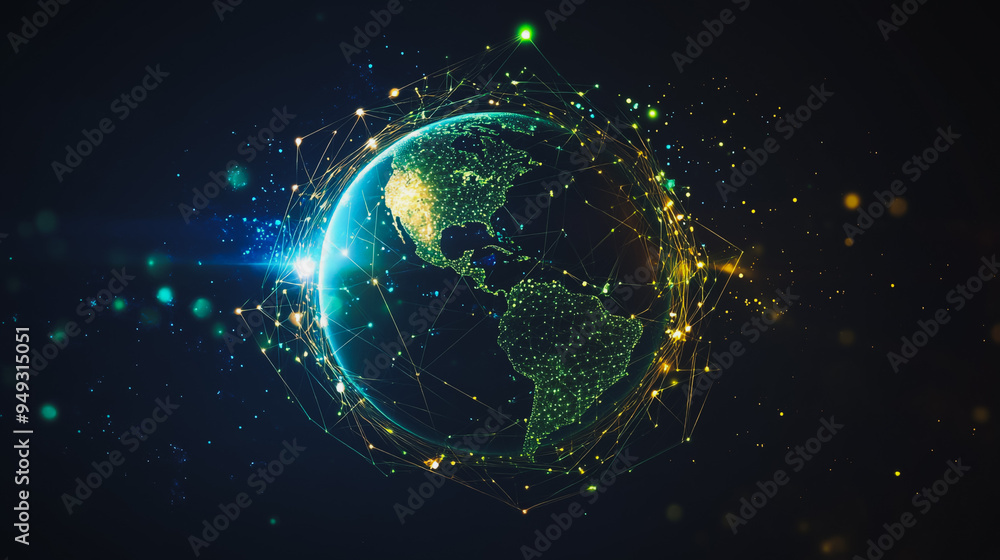 Obraz premium Abstract colorful business connection of lines from nodes It is connected to endless nodes and represents the innovation of communication cyber security in the network with black background