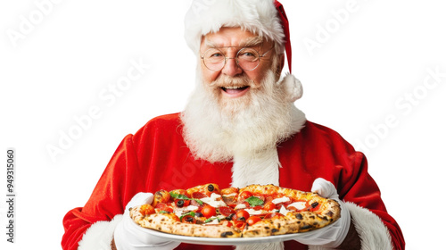 Santa holding delicious pizza isolated on white background photo