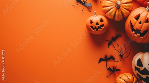 Bannière fête d'Halloween. Décoration d'halloween sur fond orange, squelette, citrouille, chauve souris, araignée photo