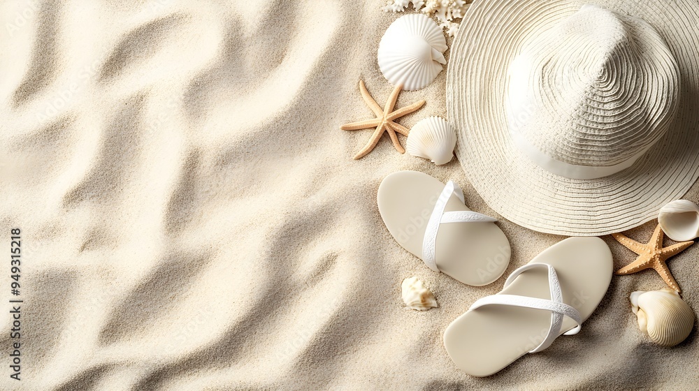 Naklejka premium Peaceful Coastal Getaway with Flip Flops Sun Hat and Beach Finds