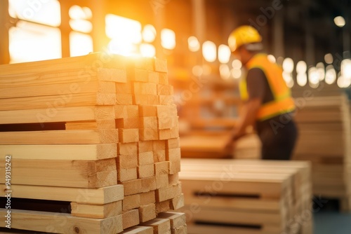 A man in a safety vest is working with wood in a factory. The wood is stacked in piles and the man is lifting a piece of wood. Scene is one of hard work and productivity photo