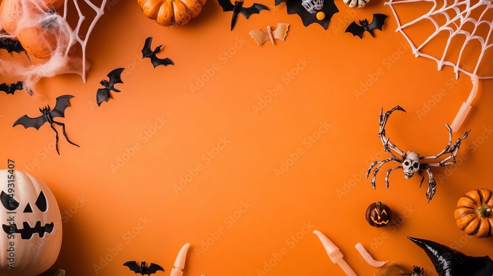 Bannière fête d'Halloween. Décoration d'halloween sur fond orange, squelette, citrouille, chauve souris, araignée Bannière fête d'Halloween. Décoration d'halloween sur fond orange, squelette, citrouille, chauve souris, araignée