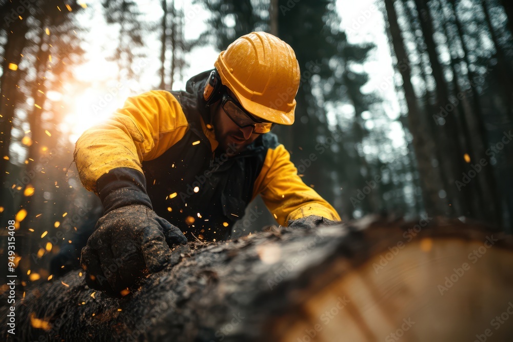 A man in a yellow jacket is cutting a tree with a chainsaw. He is wearing a yellow jacket and a hard hat A man in a yellow jacket is cutting a tree with a chainsaw. He is wearing a yellow jacket and a hard hat