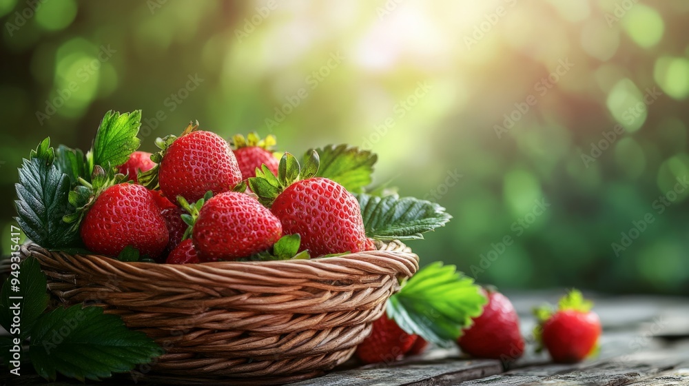 Fresh strawberries in a wicker basket placed on a wooden table with lush green background and sunlight shining through. Fresh strawberries in a wicker basket placed on a wooden table with lush green background and sunlight shining through.