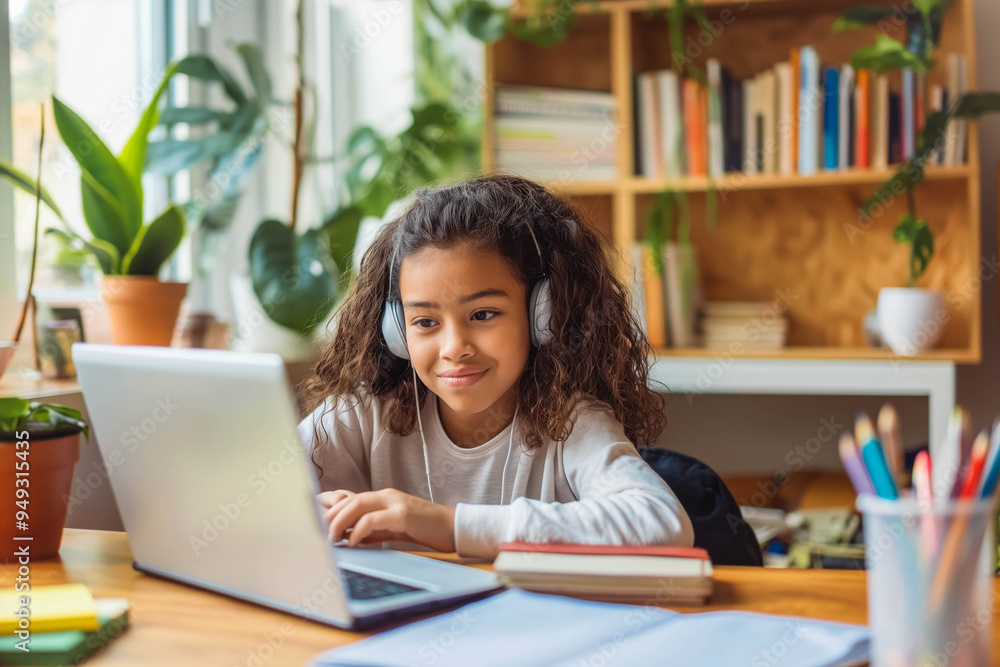 Happy schoolgirl doing homework at home. During pandemic or travel children continue learning process. Mixed-race KId receive assignments from teachers via laptop and headphones Happy schoolgirl doing homework at home. During pandemic or travel children continue learning process. Mixed-race KId receive assignments from teachers via laptop and headphones