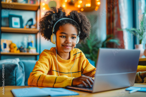 Happy schoolgirl doing homework at home. During pandemic or travel children continue learning process. Mixed-race KId receive assignments from teachers via laptop and headphones photo