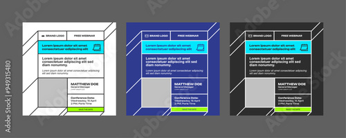 instagram webinar conference social media template post slider carousel banner poster web summit seminar online business flat blue green color background minimal design square size poster templates