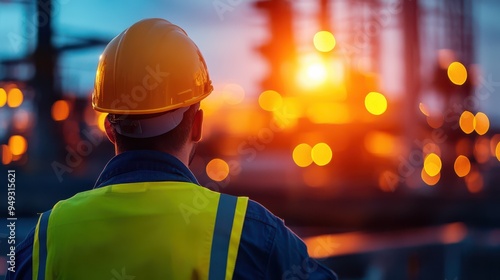 A man in a yellow vest and a hard hat is looking at the camera. The image has a moody, industrial feel to it