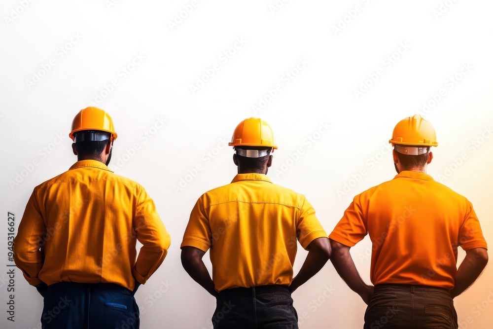 Three men wearing orange shirts and hard hats stand in a line. They are all wearing the same color and have the same type of hat Three men wearing orange shirts and hard hats stand in a line. They are all wearing the same color and have the same type of hat