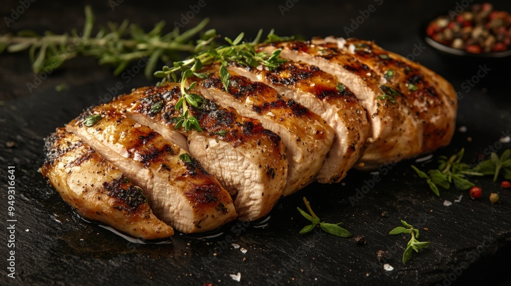 Grilled chicken breast slices on slate board garnished with herbs, showcasing a delicious and healthy meal option. Grilled chicken breast slices on slate board garnished with herbs, showcasing a delicious and healthy meal option.