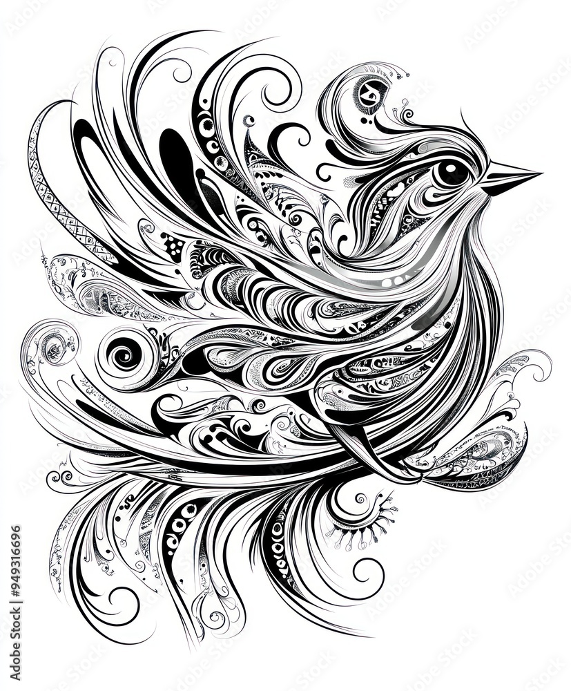 A stylized bird illustration featuring intricate swirls and patterns. A stylized bird illustration featuring intricate swirls and patterns.