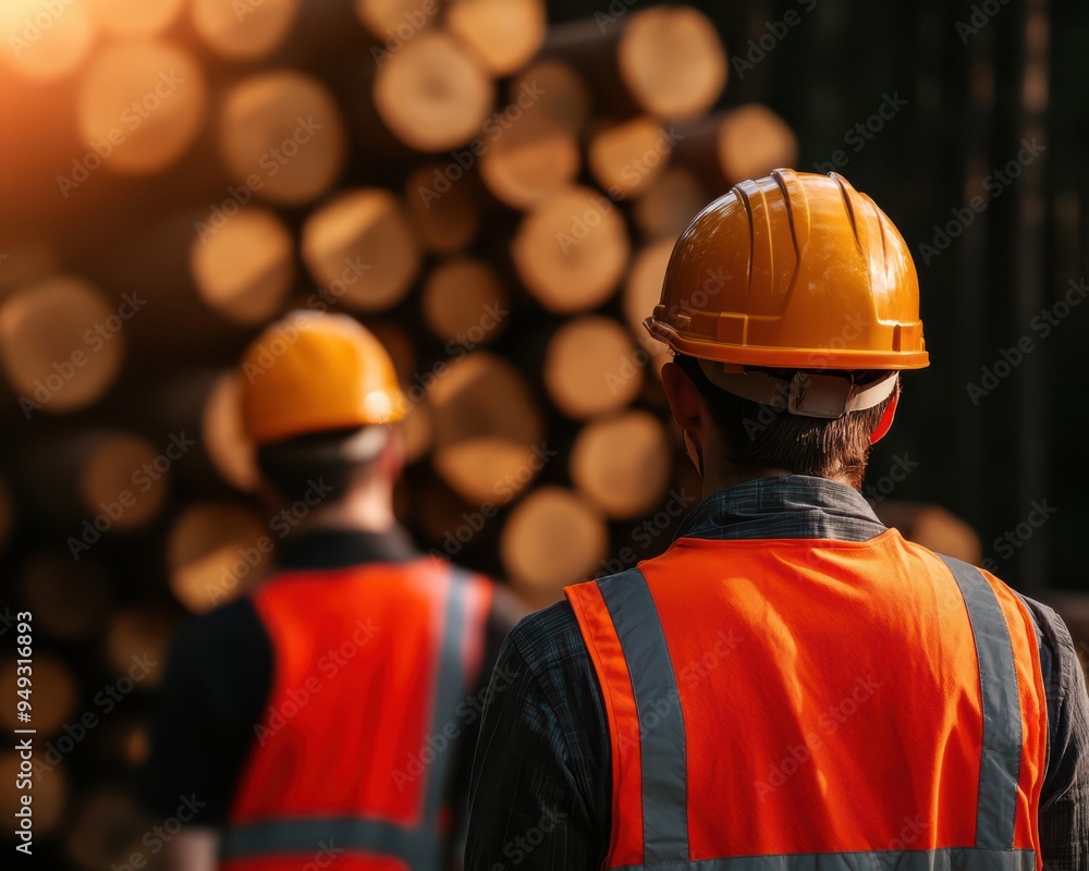 Two men wearing orange safety vests and hard hats stand in front of a pile of wood. Scene is serious and focused, as the men are likely working on a construction or logging project Two men wearing orange safety vests and hard hats stand in front of a pile of wood. Scene is serious and focused, as the men are likely working on a construction or logging project