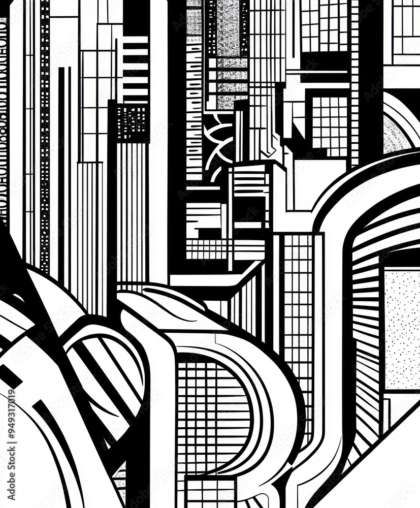 Obraz premium Abstract black and white geometric design with intricate lines and shapes.