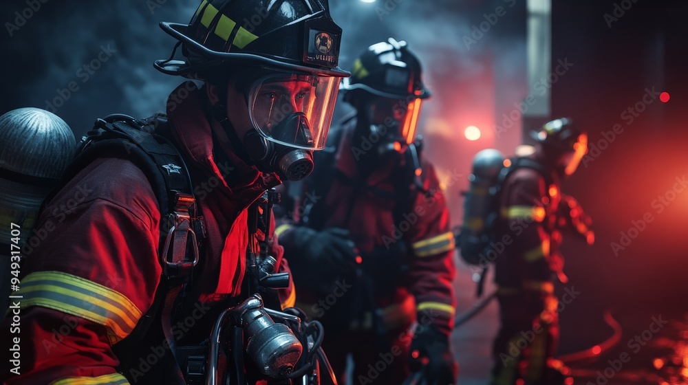 Group of firefighters in full gear battling a fire in a smoky environment, displaying bravery and teamwork. Group of firefighters in full gear battling a fire in a smoky environment, displaying bravery and teamwork.