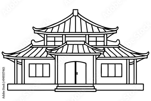 Chinese house line art vector illustration, chinese building outline, Chinese pagoda roof 