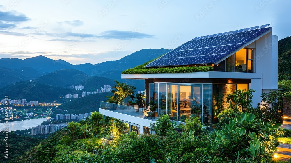 Naklejka premium Modern house with solar panels and panoramic mountain views, surrounded by lush greenery, embodying sustainable living.
