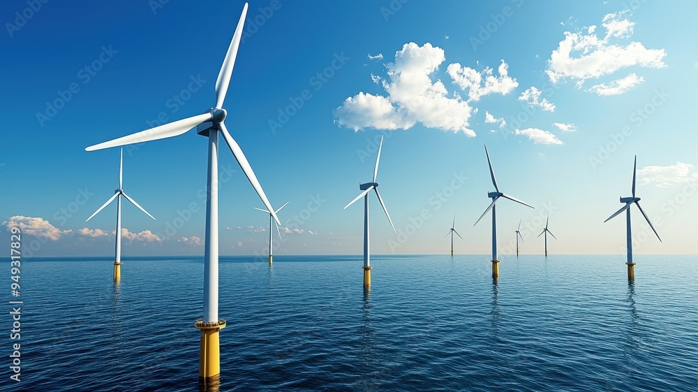 Renewable energy source with wind turbines standing tall in open water, a symbol of sustainability and innovation in clean technology. Renewable energy source with wind turbines standing tall in open water, a symbol of sustainability and innovation in clean technology.