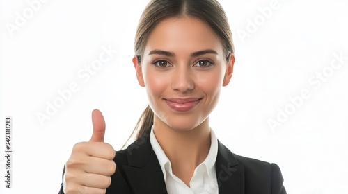 A confident businesswoman dressed in formal attire smiles friendly while giving a thumbs up in a bright, isolated environment