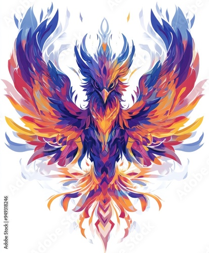 A vibrant, stylized phoenix with colorful flames and intricate feather details.