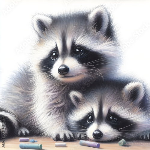 흰 배경, 너구리, 파스텔화 (White background, raccoon, pastel painting) photo