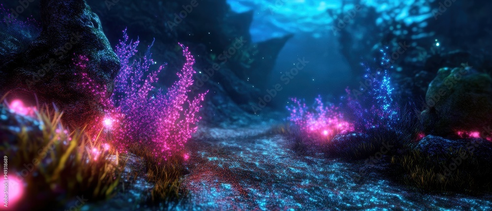 Enchanting Underwater Scene with Vibrant Coral and Glowing Marine Life in a Mystical Ocean Depth Enchanting Underwater Scene with Vibrant Coral and Glowing Marine Life in a Mystical Ocean Depth