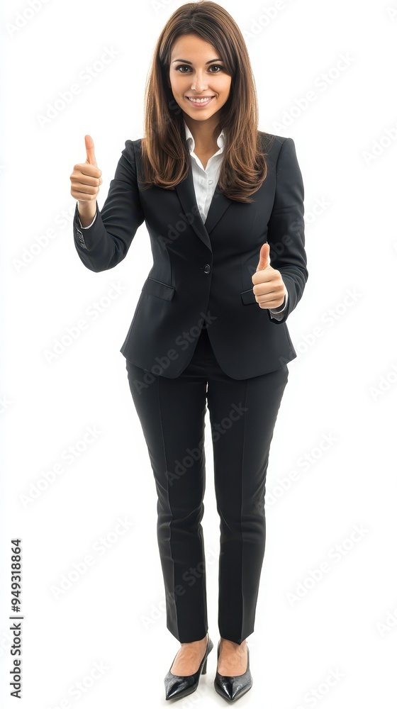 A businesswoman stands confidently in a black suit, giving a thumbs up gesture to convey positivity and success in a bright setting A businesswoman stands confidently in a black suit, giving a thumbs up gesture to convey positivity and success in a bright setting