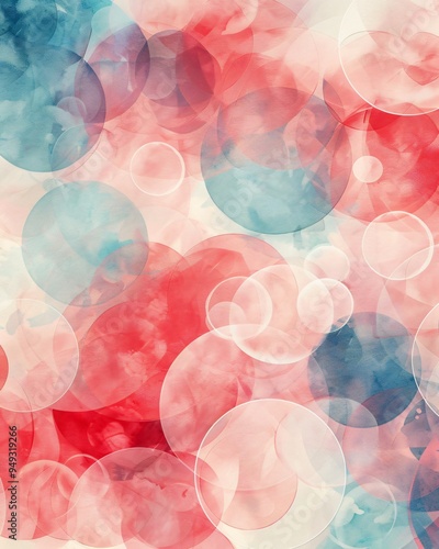 Abstract watercolor background with soft pink and blue circles.