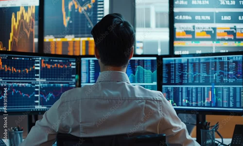 Man Looking at Stock Market Data on Multiple Screens Man Looking at Stock Market Data on Multiple Screens