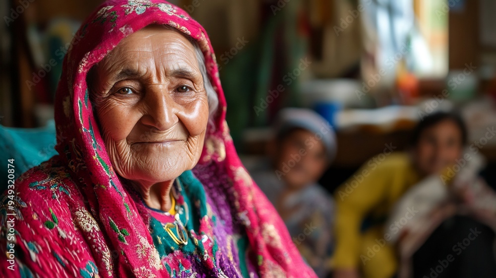 Closeup of a smiling elderly woman in traditional attire surrounded by her family in a warmly lit living room Closeup of a smiling elderly woman in traditional attire surrounded by her family in a warmly lit living room