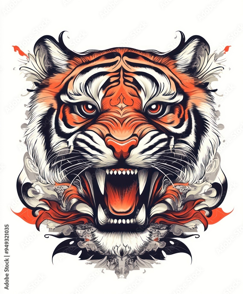 Fototapeta premium A fierce tiger head illustration with intricate details and vibrant colors.