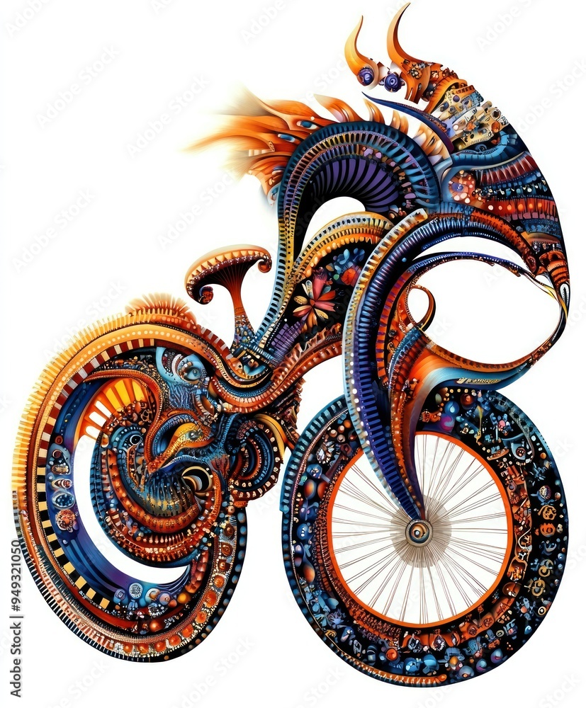 A vibrant and artistic bicycle design with intricate patterns and colors. A vibrant and artistic bicycle design with intricate patterns and colors.