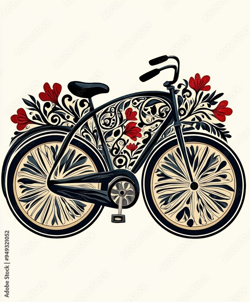 Fototapeta premium A decorative bicycle adorned with floral patterns and colors.