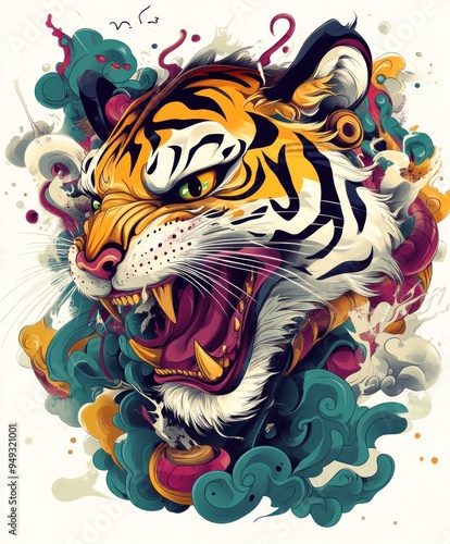 Wallpaper Mural A vibrant, stylized illustration of a roaring tiger surrounded by swirling colors. Torontodigital.ca