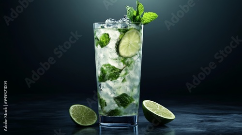 Refreshing mojito cocktail with lime and mint, served in a tall glass, isolated on a dark background. Perfect for summer beverages. photo