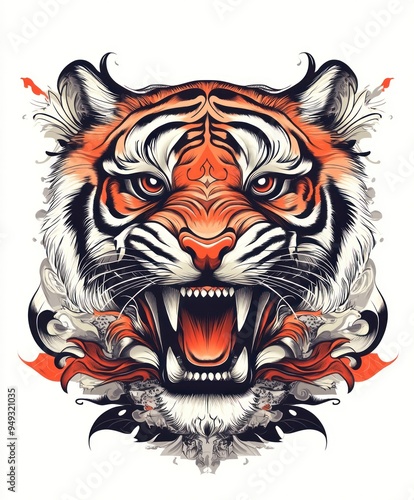 A fierce tiger head illustration with intricate details and vibrant colors. photo