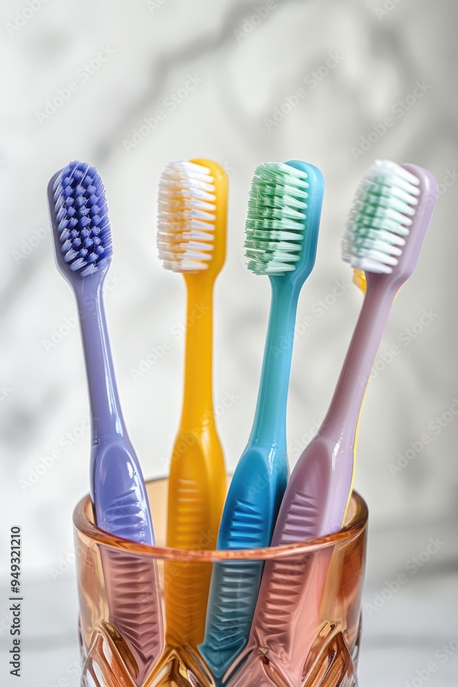 A collection of toothbrushes stored in a cup on a table, ideal for use in bathroom scenes or as a symbol of cleanliness A collection of toothbrushes stored in a cup on a table, ideal for use in bathroom scenes or as a symbol of cleanliness