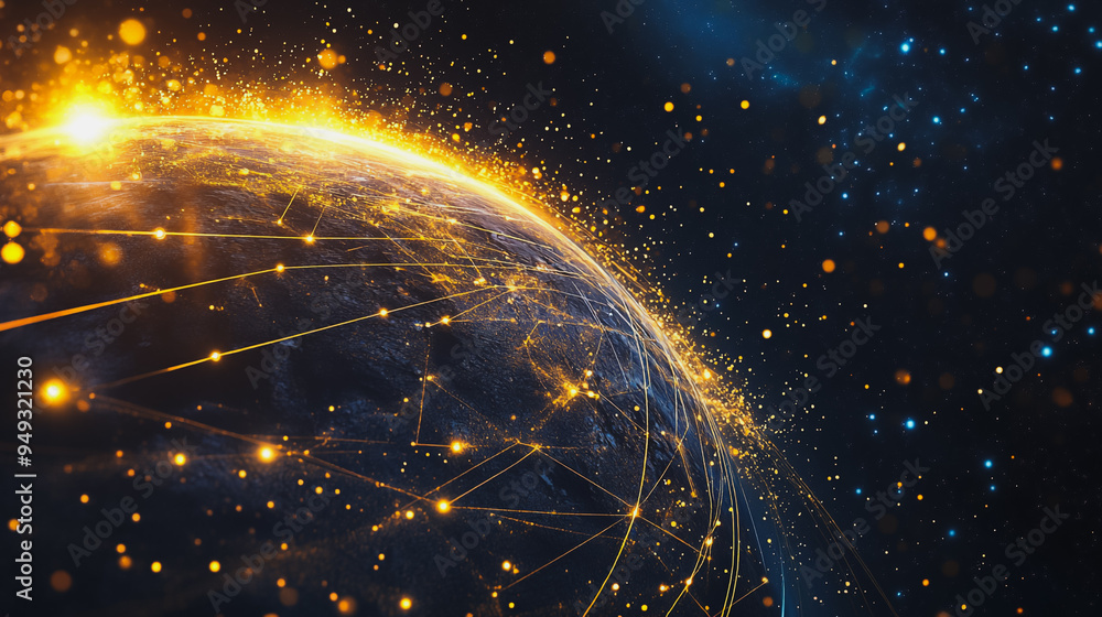 Obraz premium Abstract colorful business connection of lines from nodes It is connected to endless nodes and represents the innovation of communication cyber security in the network with black background
