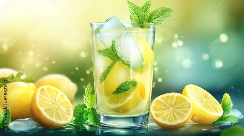 Fototapeta premium Refreshing summer lemonade with lemon slices, ice cubes, and fresh mint leaves in a clear glass against a bokeh background.
