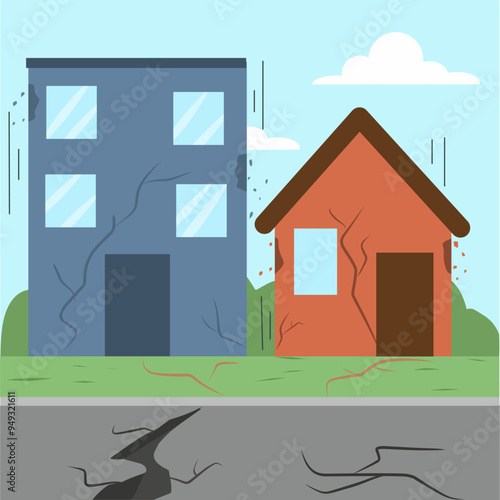 Illustration of earthquake with infrastructure damage, earthquake cartoon,  house in crack damaged by earthquake, building broken damaged by earthquake 