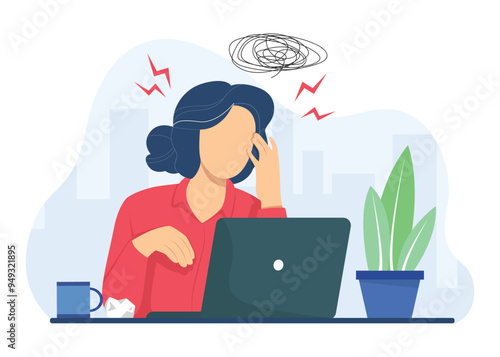 Busy business woman, project failure and workaholic. Sad, tired or exhausted woman at office. Stressful work, Stress at workplace.  Vector illustration.