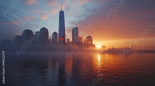 Ground Zero Memorial with the American flag standing tall against the backdrop of the Freedom Tower at dawn