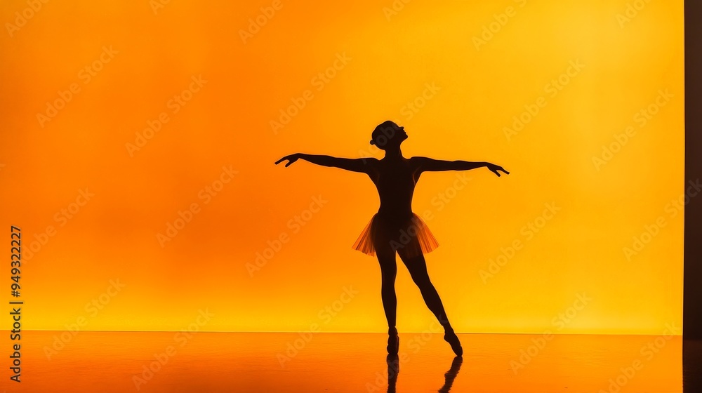 Silhouette of a ballet dancer in graceful pose against a vibrant orange background, showcasing elegance and poise. Silhouette of a ballet dancer in graceful pose against a vibrant orange background, showcasing elegance and poise.