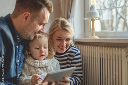 A family of three, mother, father, and child, gathered around a tablet, enjoying quality time together